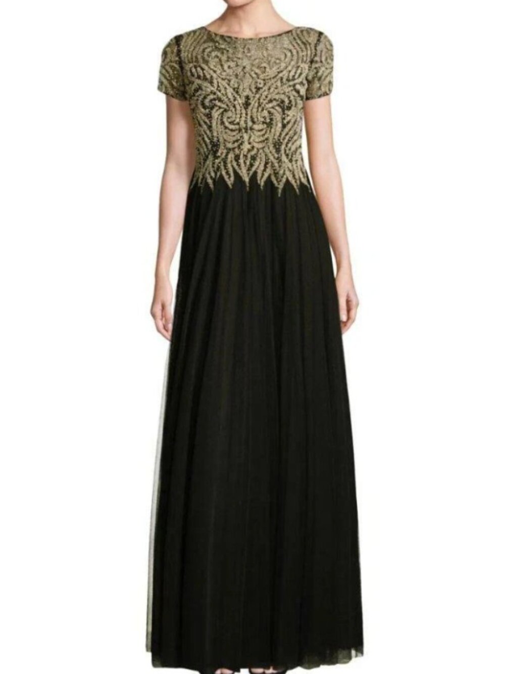Basix Black Label Beaded Embroidered Gown Black Gold Tulle 10